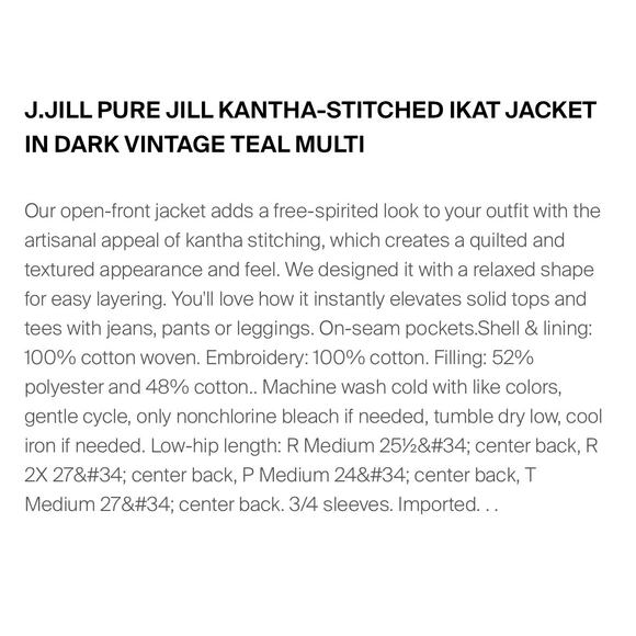 J.Jill Pure Jill Kantha Stitched Ikat Open Quilted Embroidered Jacket Teal M - Picture 15 of 15